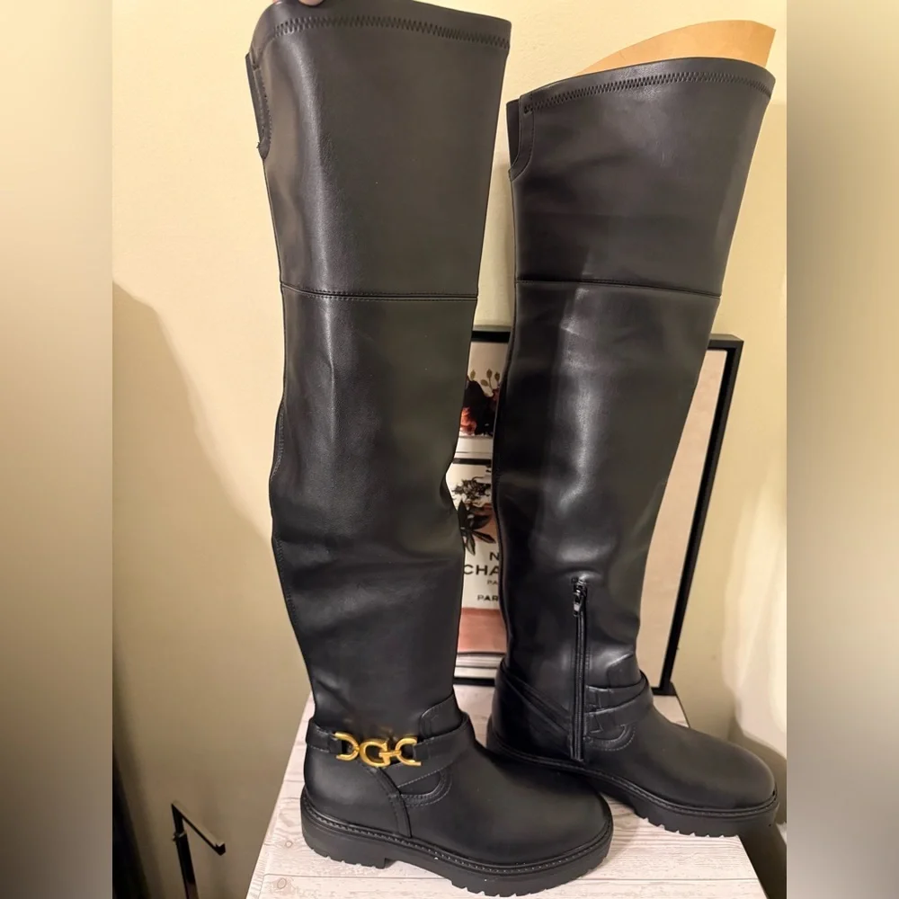 Guess Jellio Black Over-the-Knee Boots with Gold Accent